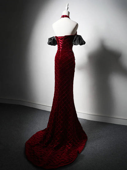 Mermaid Sweetheart Neck Velvet Beads Long Prom Dress Burgundy  Wedding Dress Pretty Birthday Dress ED043