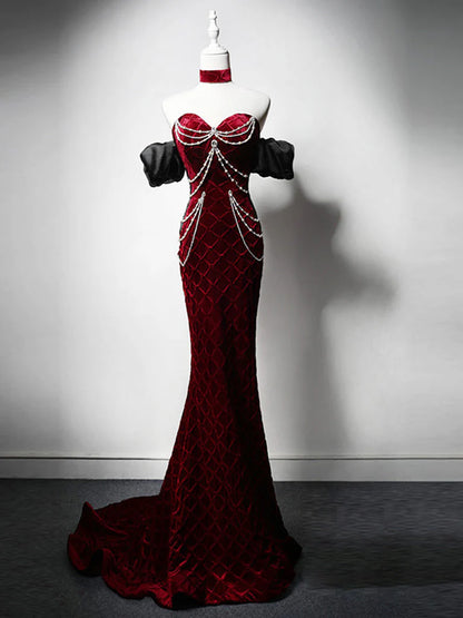 Mermaid Sweetheart Neck Velvet Beads Long Prom Dress Burgundy  Wedding Dress Pretty Birthday Dress ED043