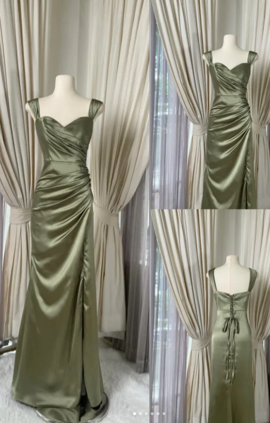 Elegant V-neck Sheath Satin Prom Dresses, Oliver Green Formal Evening Dresses ED04300