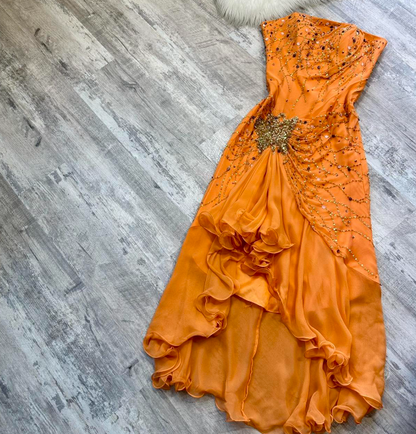 Vintage Strapless Sheath Chiffon Beaded Short Prom Dresses,Orange Homecoming Dressess ED04307