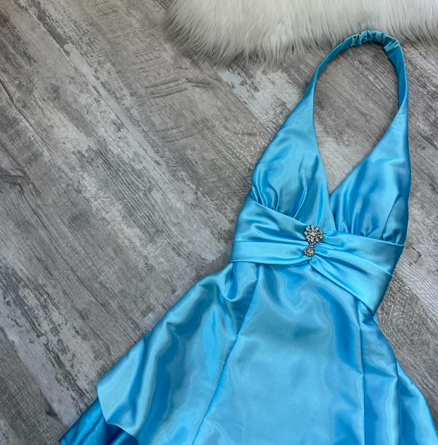 Vintage Halter A-Line Satin Short Prom Dresses, Open Back Birthday Dresses, Blue Homecoming Dresses ED04309