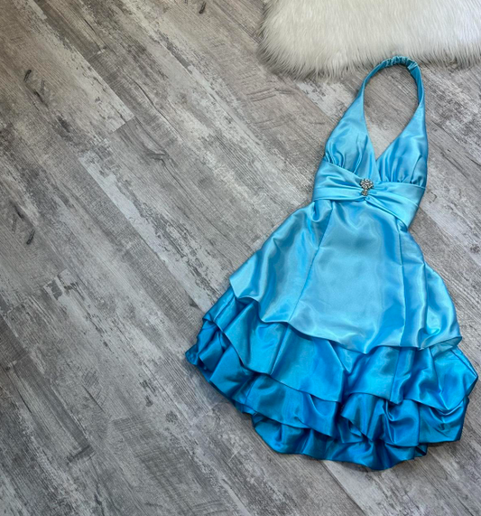 Vintage Halter A-Line Satin Short Prom Dresses, Open Back Birthday Dresses, Blue Homecoming Dresses ED04309