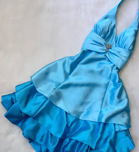Vintage Halter A-Line Satin Short Prom Dresses, Open Back Birthday Dresses, Blue Homecoming Dresses ED04309
