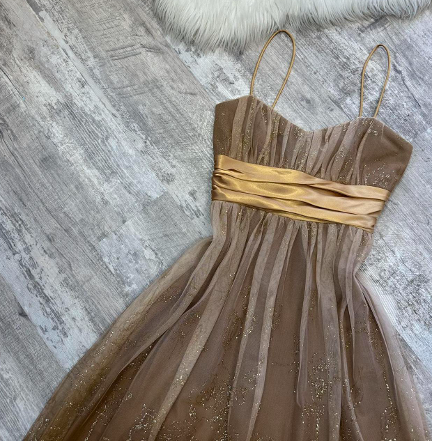 Vintage A-line Tulle Short Prom Dresses, Brown Homecoming Dresses, Spaghetti Strap Birthday Dresses ED04311