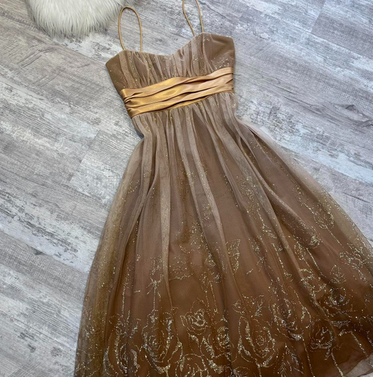Vintage A-line Tulle Short Prom Dresses, Brown Homecoming Dresses, Spaghetti Strap Birthday Dresses ED04311