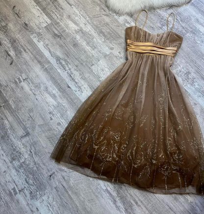 Vintage A-line Tulle Short Prom Dresses, Brown Homecoming Dresses, Spaghetti Strap Birthday Dresses ED04311