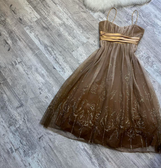 Vintage A-line Tulle Short Prom Dresses, Brown Homecoming Dresses, Spaghetti Strap Birthday Dresses ED04311