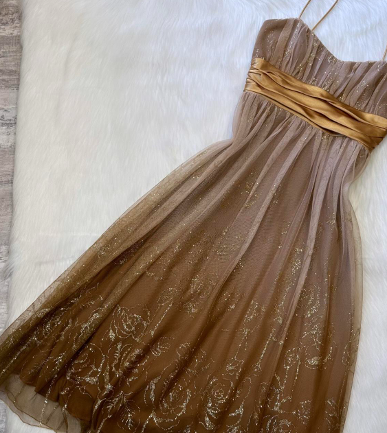 Vintage A-line Tulle Short Prom Dresses, Brown Homecoming Dresses, Spaghetti Strap Birthday Dresses ED04311