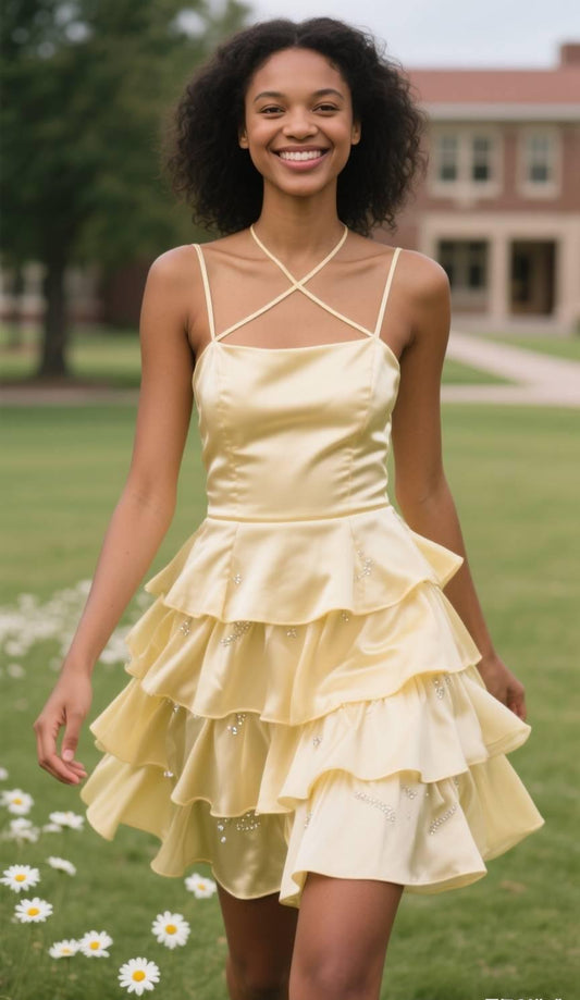Fashion Spaghetti Strap Sheath Satin Short Prom Dresses, Yellow Homecoming Dresses ED04316