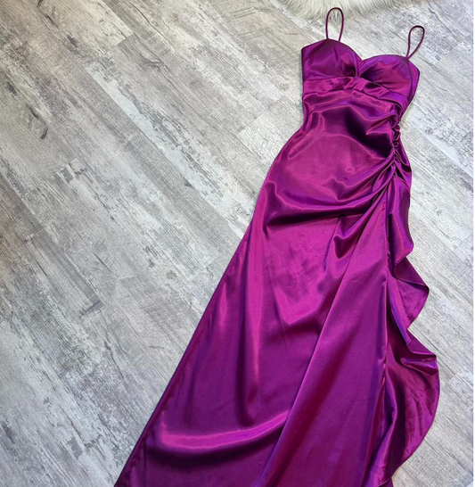 Elegant Spaghetti Straps Sheath Satin Long Prom Dresses, Purple Formal Dresses ED04320
