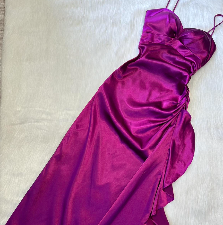 Elegant Spaghetti Straps Sheath Satin Long Prom Dresses, Purple Formal Dresses ED04320