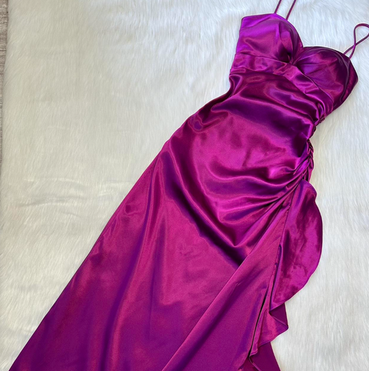 Elegant Spaghetti Straps Sheath Satin Long Prom Dresses, Purple Formal Dresses ED04320