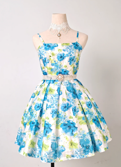 Cute Spaghetti Strap A-line Blue Homecoming Dress Floral Birthday Dresses ED04327