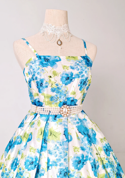 Cute Spaghetti Strap A-line Blue Homecoming Dress Floral Birthday Dresses ED04327