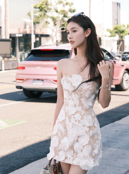Cute Strapless Sheath Homecoming Dresses, Tulle Applique Sleeveless Short Prom Dresses ED04332