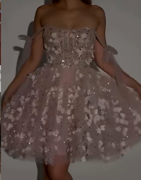Cute Off-the-shoulder A-Line Tulle Applique Short Prom Dresses, Pale Pink Homecoming Dresses ED04337