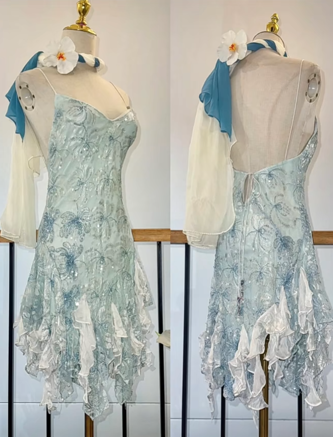 Vintage Spaghetti Strap Sheath Beaded Chiffon Short Prom Dresses, Blue Backless Homecoming Dresses ED04346