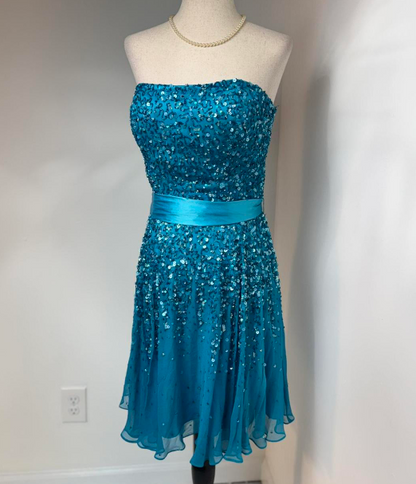 Sparkly Strapless Sheath Beaded Chiffon Short Prom Dresses, Blue Homecoming Dresses ED04355