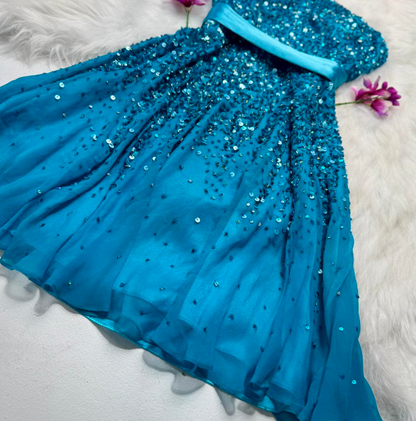 Sparkly Strapless Sheath Beaded Chiffon Short Prom Dresses, Blue Homecoming Dresses ED04355