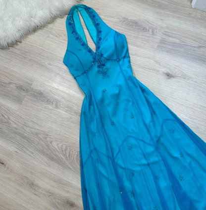 Vintage Halter Sheath Chiffon Beaded Short Prom Dresses, Blue Homecoming Dresses ED04358