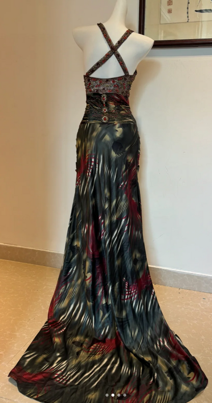 Superbe robe de soirée longue en satin fuchsia, style sirène, sans bretelles, ED02613