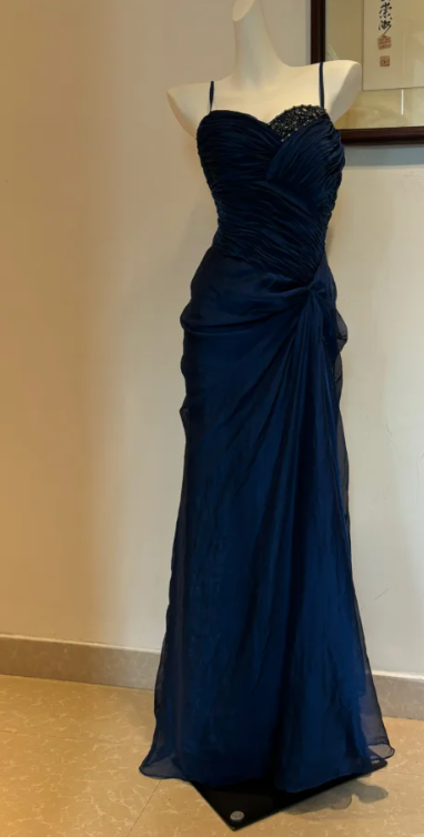 Vintage Sweetheart Sheath Chiffon Long Prom Dresses, Navy Blue Formal Evening Dresses ED04364