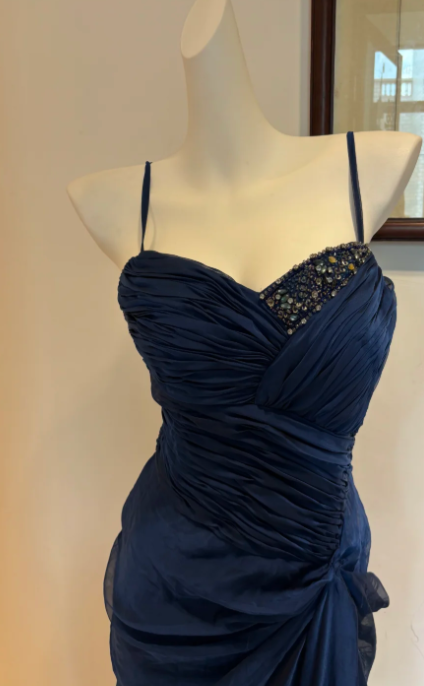 Vintage Sweetheart Sheath Chiffon Long Prom Dresses, Navy Blue Formal Evening Dresses ED04364