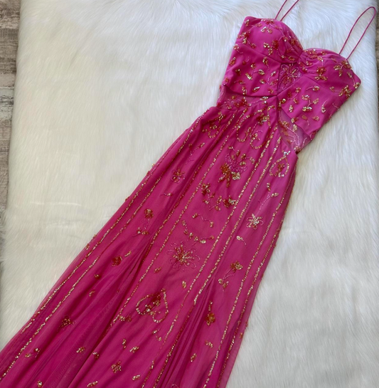 Vintage Spaghetti Strap Sheath Beaded Chiffon Long Prom Dresses, Hot Pink Formal Evening Dresses ED04365