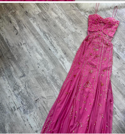 Vintage Spaghetti Strap Sheath Beaded Chiffon Long Prom Dresses, Hot Pink Formal Evening Dresses ED04365