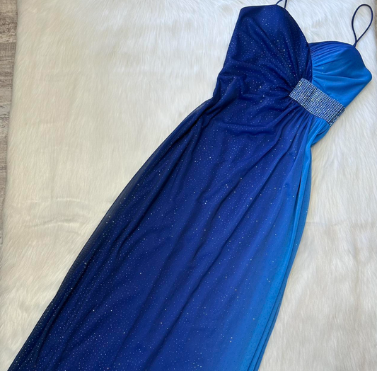 Sparkly Spaghetti Strap Sheath Chiffon Long Prom Dresses, Blue Formal Evening Dresses ED04366