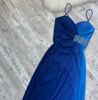 Sparkly Spaghetti Strap Sheath Chiffon Long Prom Dresses, Blue Formal Evening Dresses ED04366