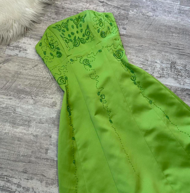 Elegant Strapless A-Line Satin Beaded Long Prom Dresses, Green Formal Evening Dresses ED04368
