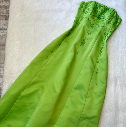 Elegant Strapless A-Line Satin Beaded Long Prom Dresses, Green Formal Evening Dresses ED04368
