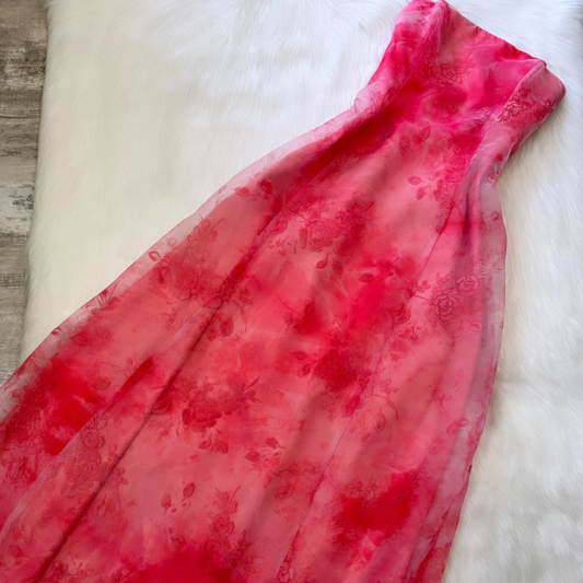 Elegant Strapless A-Line Printed Tulle Long Prom Dresses, Pink Formal Evening Dresses ED04369
