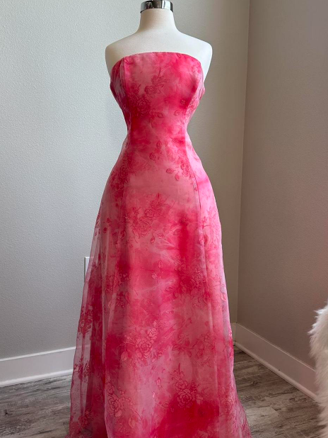 Elegant Strapless A-Line Printed Tulle Long Prom Dresses, Pink Formal Evening Dresses ED04369