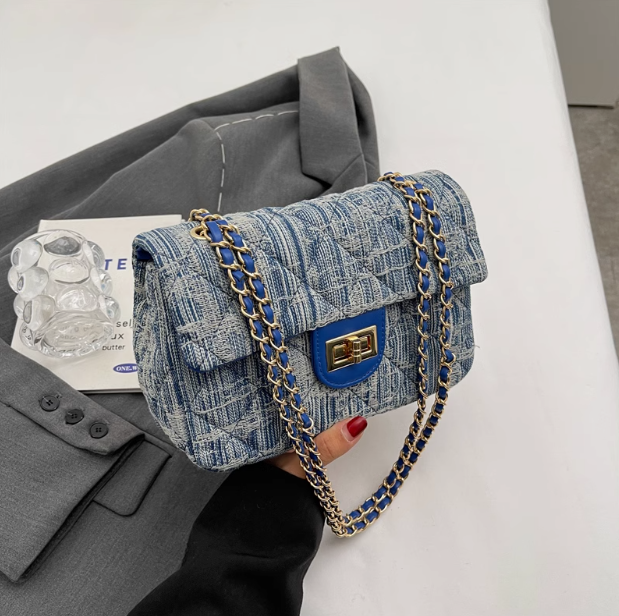 Sac à bandoulière carré en denim all-match de style Chanel avec chaîne en diamant ED0436