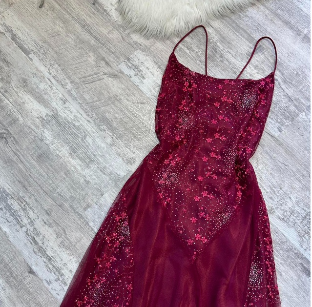 Elegant Spaghetti Straps Sheath Chiffon Embroidery Applique Long Prom Dresses, Rust Red Formal Evening Dresses ED04370