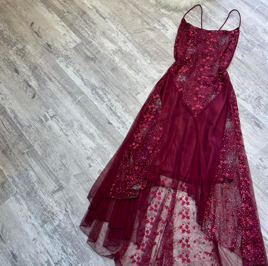 Elegant Spaghetti Straps Sheath Chiffon Embroidery Applique Long Prom Dresses, Rust Red Formal Evening Dresses ED04370