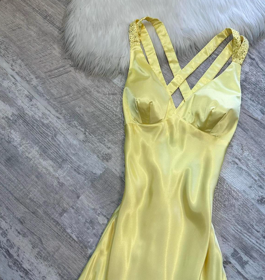Vintage A-Line Yellow Formal Dresses, V Neck A-Line Long  Guest Dresses, Open Back Evening Gowns