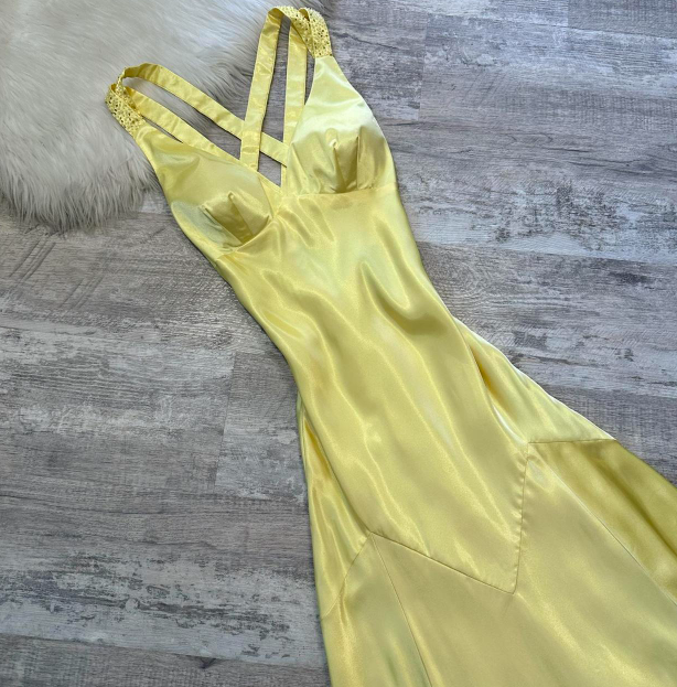 Vintage A-Line Yellow Formal Dresses, V Neck A-Line Long  Guest Dresses, Open Back Evening Gowns