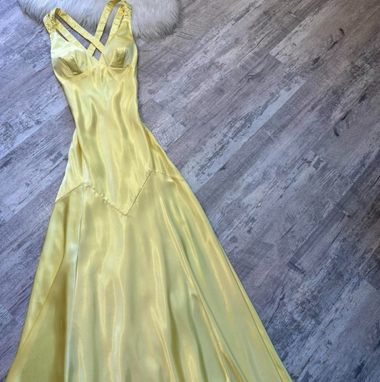 Vintage A-Line Yellow Formal Dresses, V Neck A-Line Long  Guest Dresses, Open Back Evening Gowns