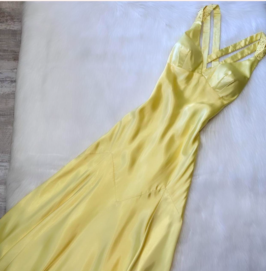 Vintage A-Line Yellow Formal Dresses, V Neck A-Line Long  Guest Dresses, Open Back Evening Gowns