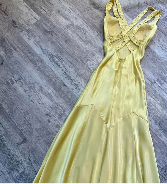 Vintage A-Line Yellow Formal Dresses, V Neck A-Line Long  Guest Dresses, Open Back Evening Gowns