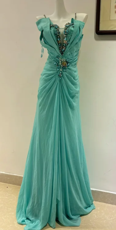 Vintage Strapless Sheath Chiffon Long Prom Dresses, Turquoise Formal Evening Dresses ED04373