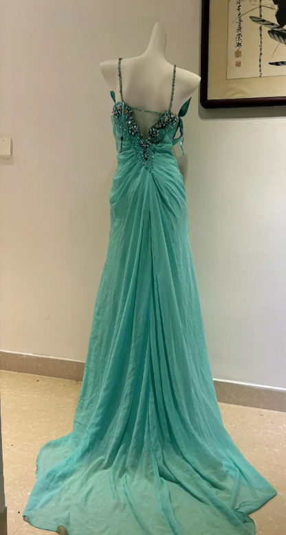 Vintage Strapless Sheath Chiffon Long Prom Dresses, Turquoise Formal Evening Dresses ED04373