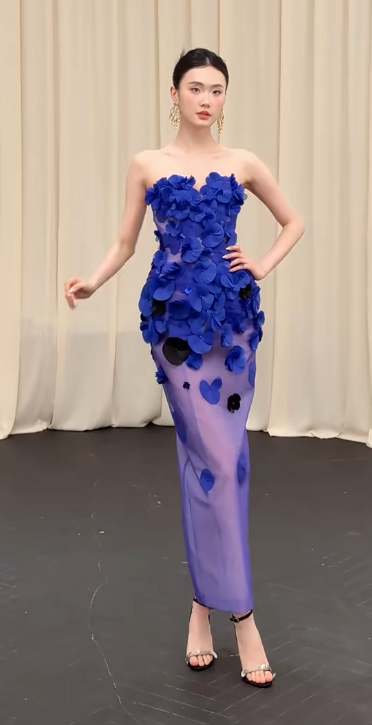Elegant Strapless Sheath Foral Long Prom Dresses, Royal Blue Formal Evening Dresses ED04374