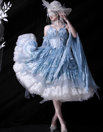 Sweet Straps Ball Gown Lace Tulle Birthday Dresses Cute Blue Lolita Dresses ED04380
