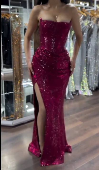 Sexy Strapless Sheath Sequined Long Prom Dresses, Hot Pink Evening Dresses ED04382