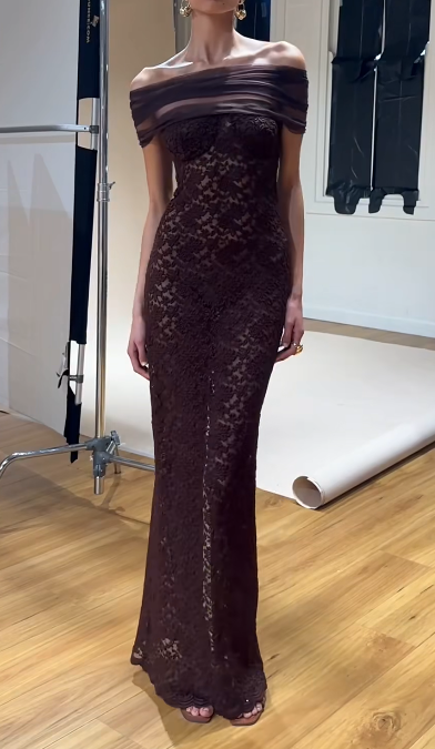 Elegant Off-Shoulder Sheath Lace New Year Prom Dresses, Chocolate Evening Dresses ED04385