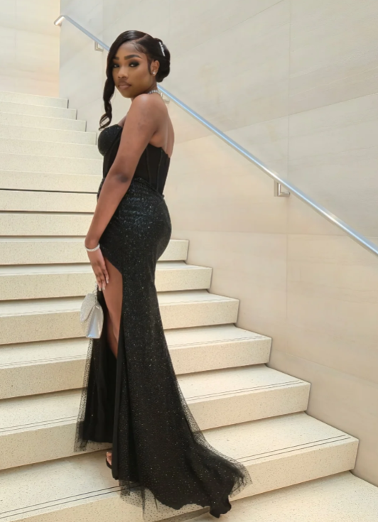 Sexy Sweetheart Neck Sheath Tulle Prom Dresses With Slit, Black Evening Dresses ED04386